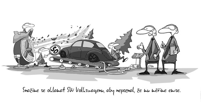 Kreslený vtip: Snažíme se oklamat sw Volksvagenu, aby nepoznal, že mu měříme emise. Autor: Marek Simon