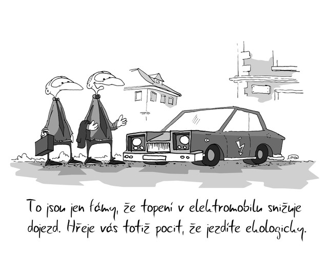 Elektroauto nepotřebuje vytápění, kreslený vtip | Kurzy.cz