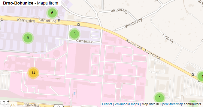 Mapa Brno-Bohunice - Firmy v městské části.
