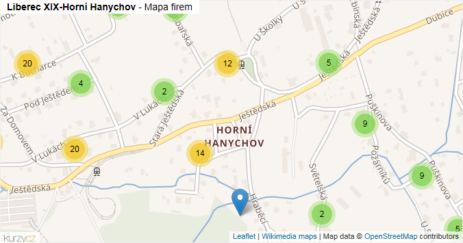 Mapa Liberec XIX-Horní Hanychov - Firmy v části obce.