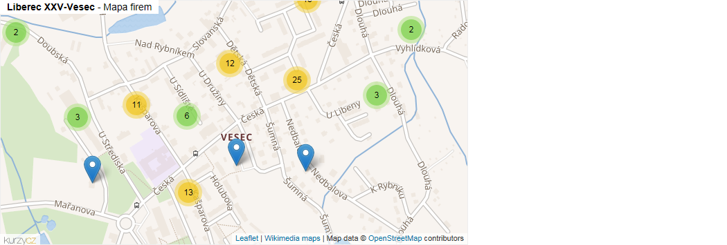 Mapa Liberec XXV-Vesec - Firmy v části obce.