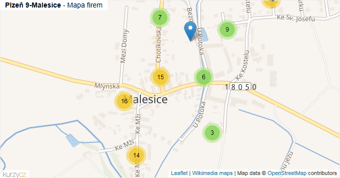 Mapa Plzeň 9-Malesice - Firmy v městské části.