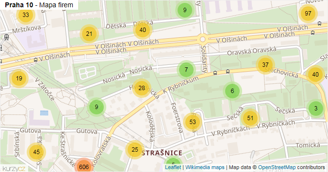 Mapa Praha 10 - Firmy v městské části.