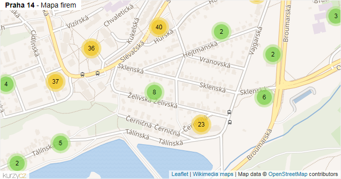 Mapa Praha 14 - Firmy v městské části.
