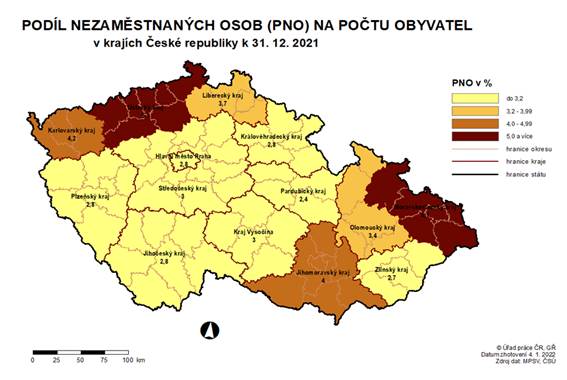 Podíl nezaměstnaných osob na počtu obyvatel v krajích ČR k 31. 12. 2021
